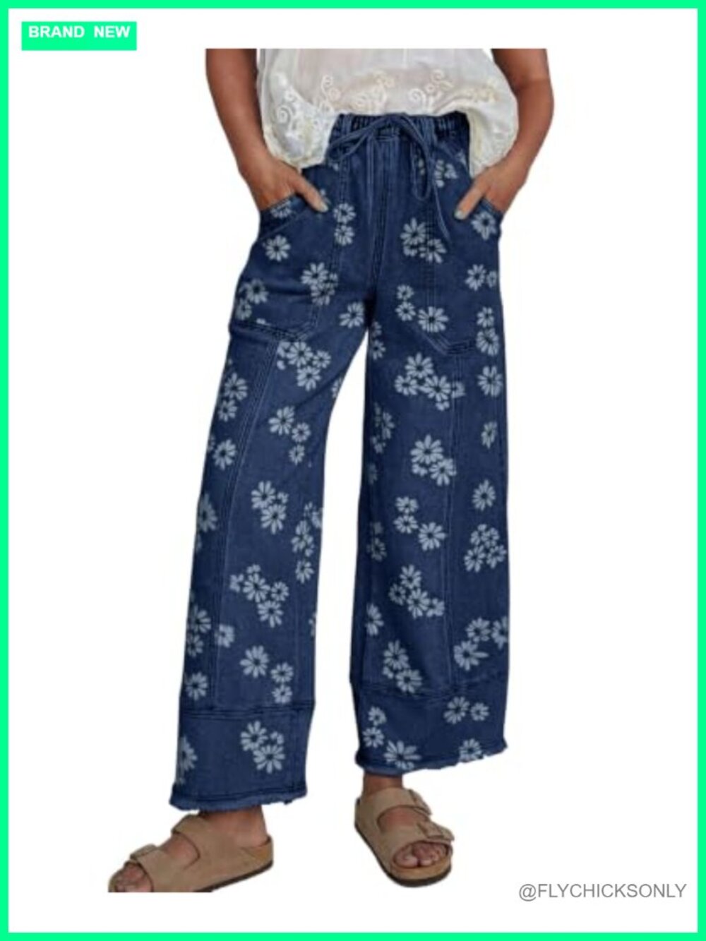 Wide Leg Cropped Jeans Baggy Floral Print Denim Ankle Pants